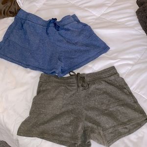 2 pairs of high waisted drawstring cotton shorts: army green and blue